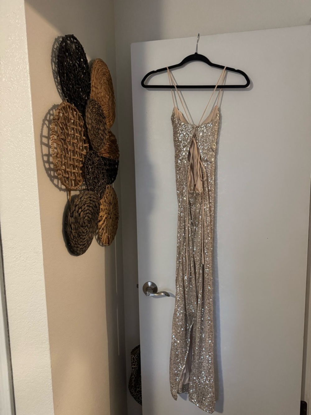 Sequin Cowl Neck Spaghetti Strap Gown in Champagne - Picture 2 of 4
